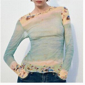 Zara Mesh Beach Scene Print Long Sleeve Top SZ M